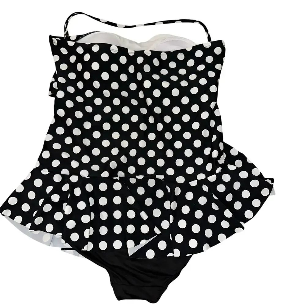 Ralph Lauren One Piece Swimsuit ruffle Size 14 Black White Polka Dot Halter